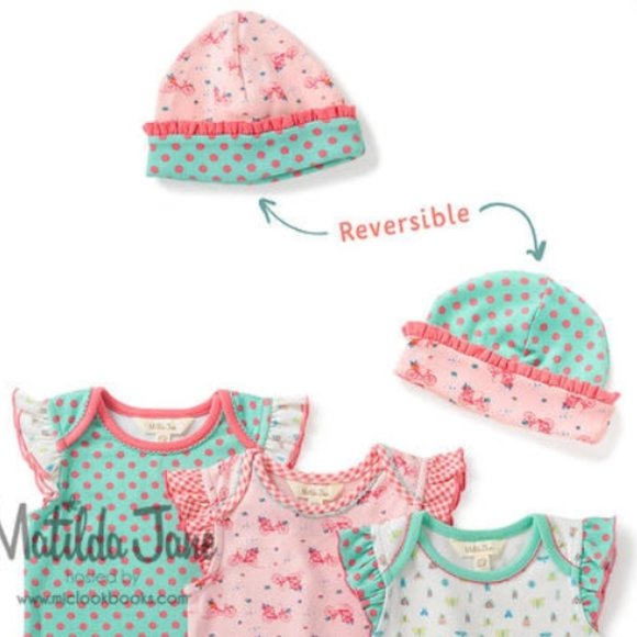 MATILDA JANE 4-PIECE SET 'ROUND TRIP CAMP' REVERSIBLE BODYSUITS & BONNET CLT. - Picture 14 of 16